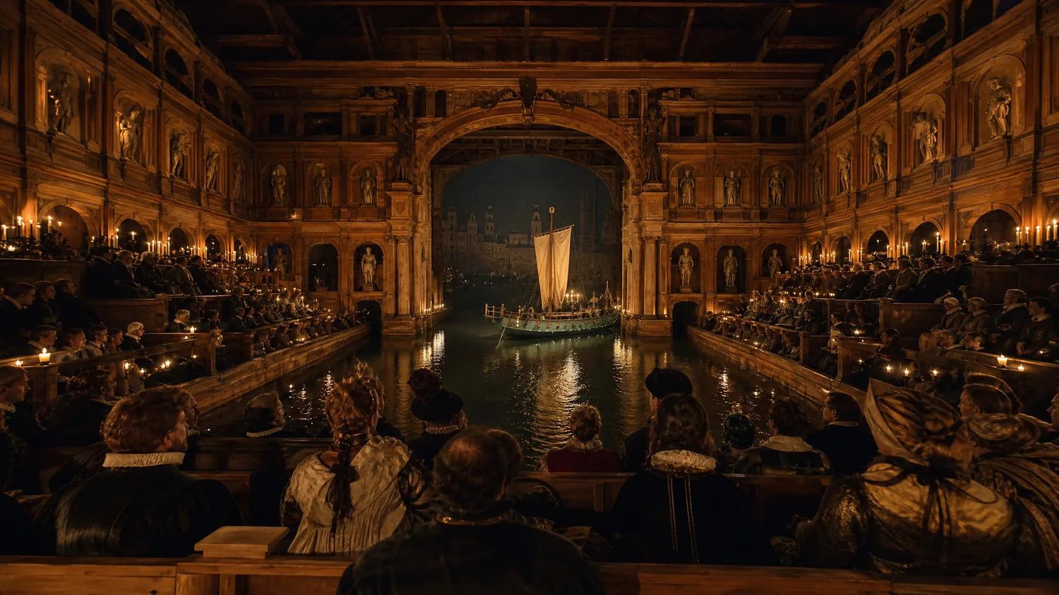 Eine Illustration eines kerzenbeleuchteten Theaters mit geflutetem Boden und einem kleinen Schiff auf dem Wasser, beobachtet von einem höfischen Publikum